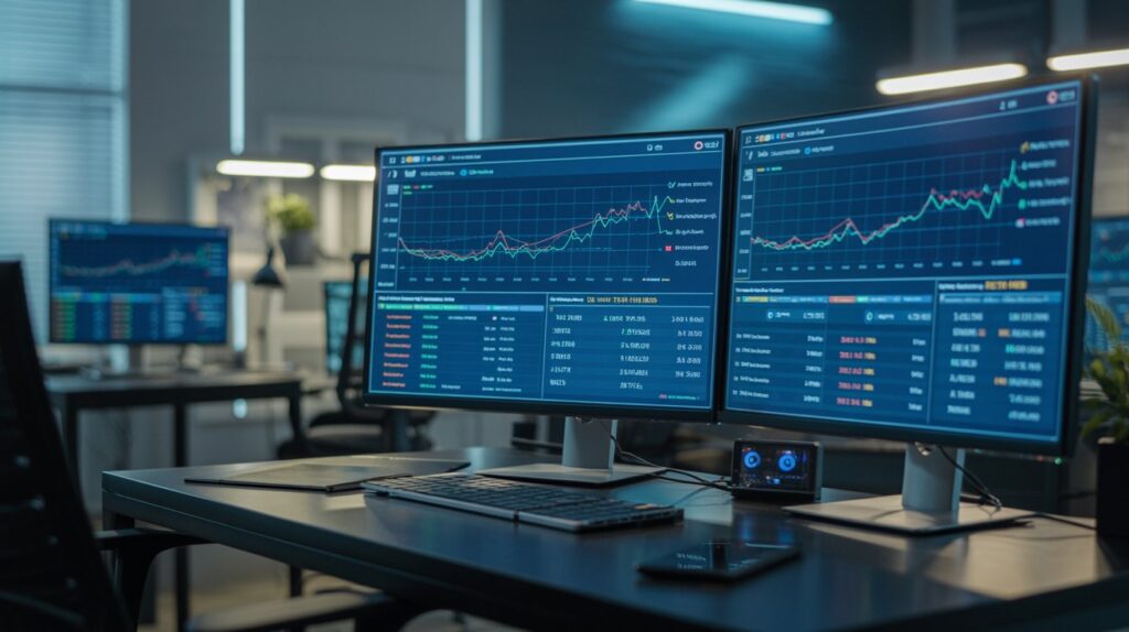 SEO expert analyzing backlink data and website authority metrics on multiple screens.