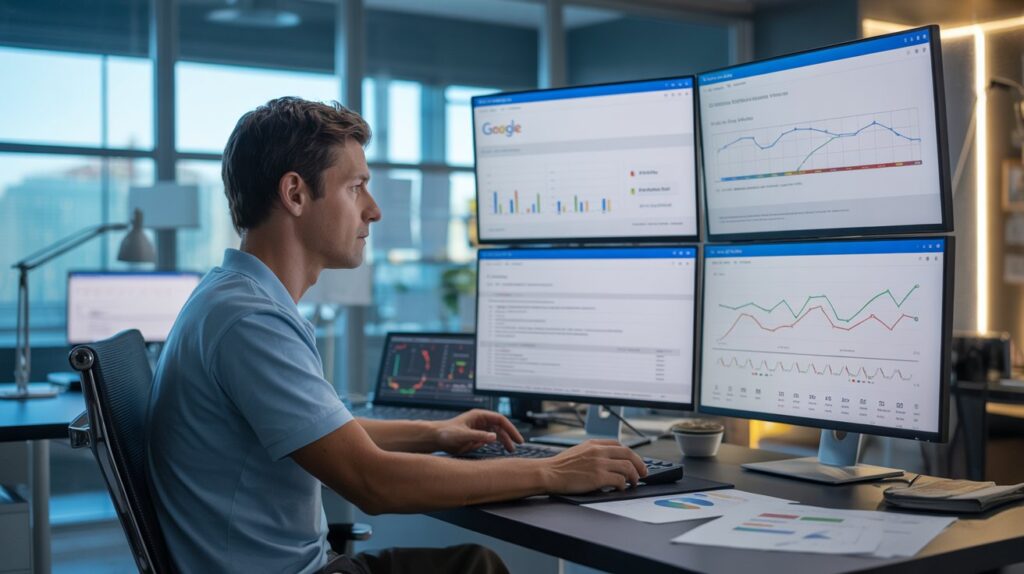 Technical SEO expert conducting a complete website audit using crawl reports and SEO analysis tools