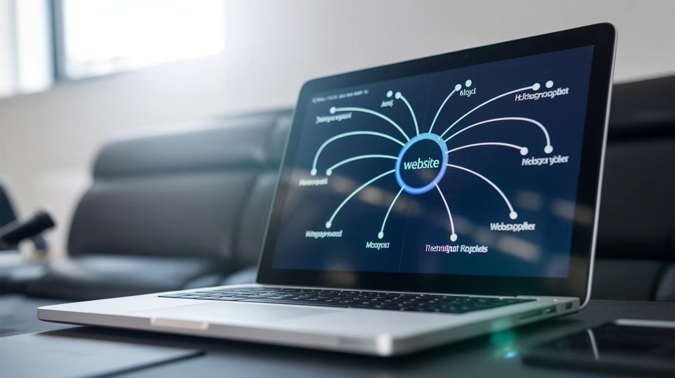 Laptop screen showing a website connected to multiple external sites representing referring domains.