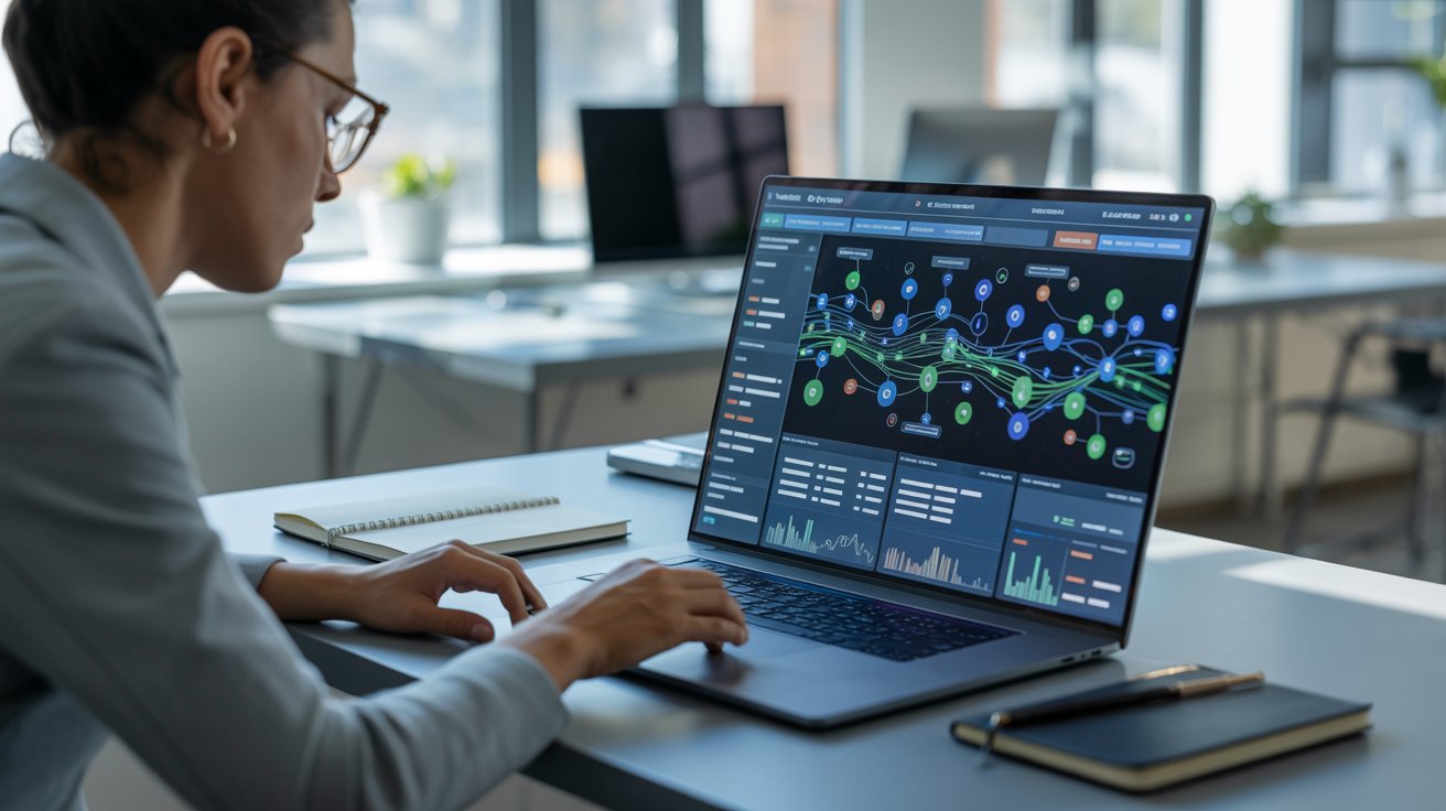 SEO analyst reviewing website backlink connections and link profile data.