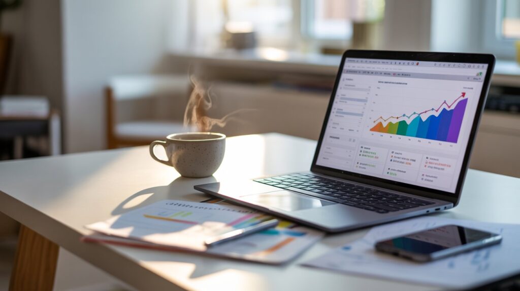 SEO analytics dashboard on laptop in a modern workspace representing content strategy planning