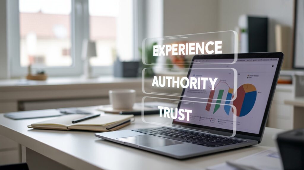SEO concept illustration showing E-E-A-T principles with a laptop and digital trust icons in a modern workspace