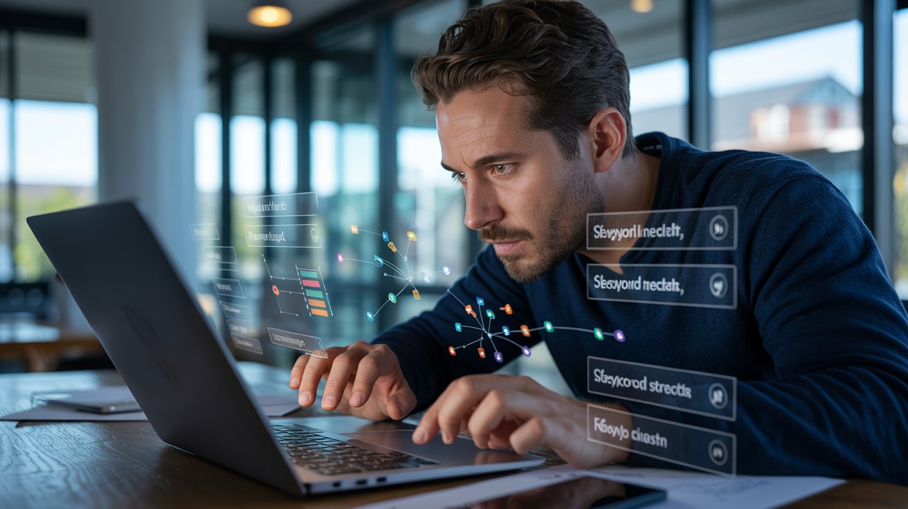 Marketer analyzing SEO keyword strategy and search intent on a laptop screen