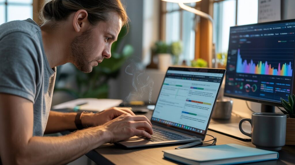 SEO writer creating original content on a laptop in a realistic modern workspace.