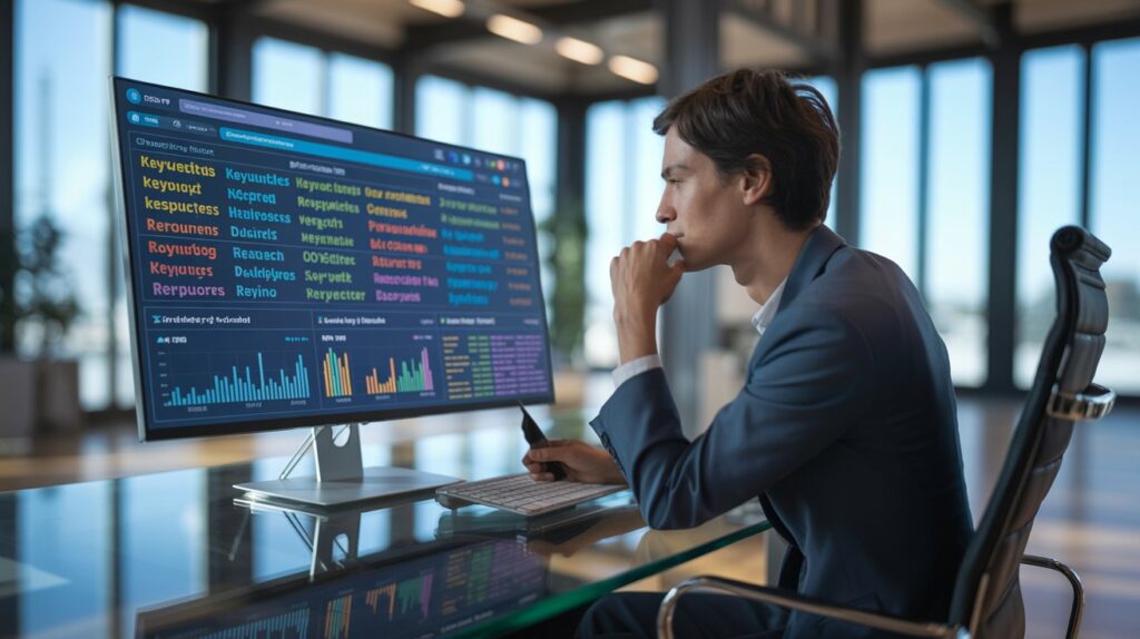 Professional SEO keyword research workspace with analytics dashboard