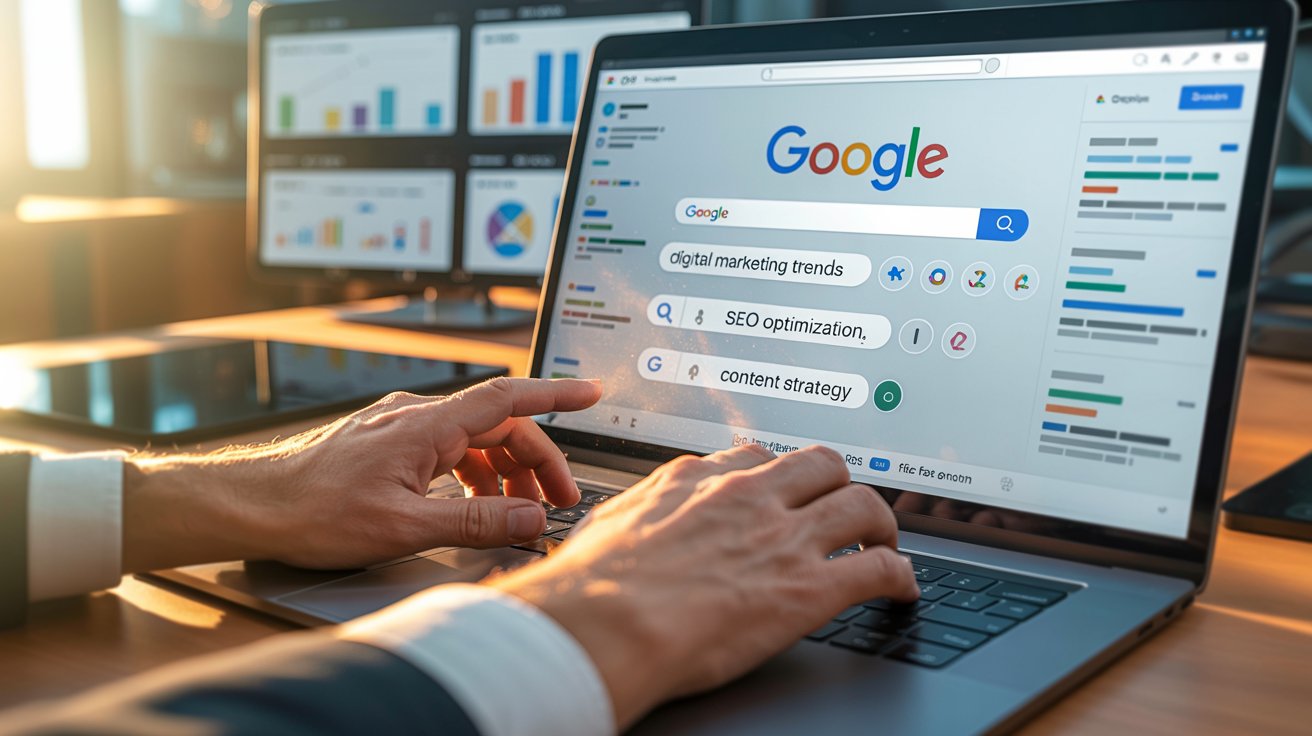 Realistic search engine keyword research on a laptop