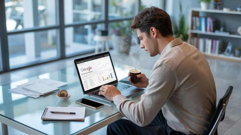 SEO professional analyzing on-page SEO performance on laptop with Google search results