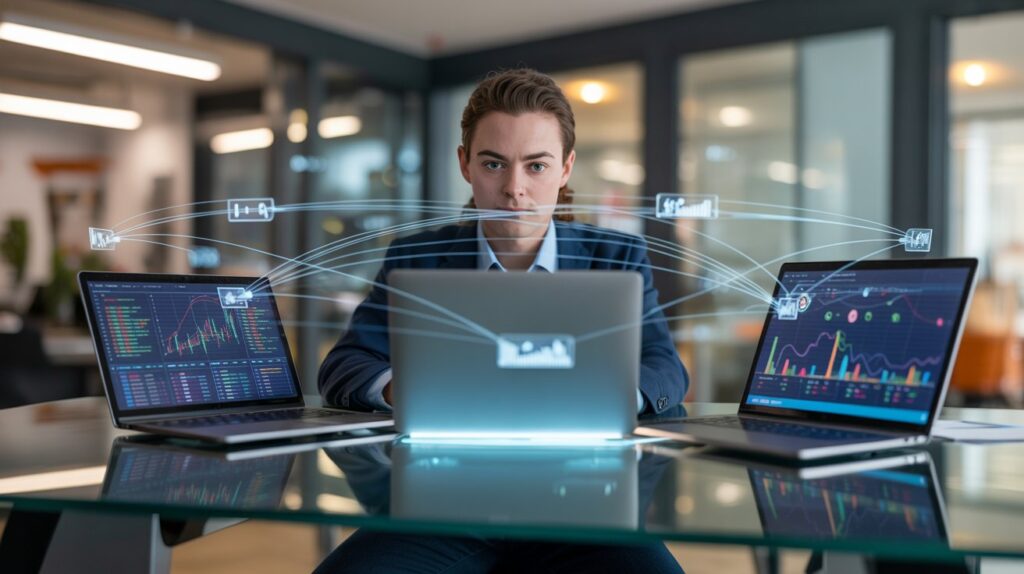 SEO analyst workspace with multiple screens showing backlink networks and referring domain analytics.
