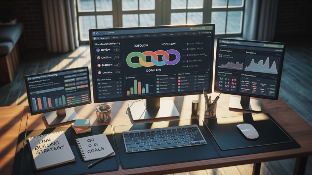 SEO expert analyzing nofollow and dofollow backlinks on a digital marketing dashboard.