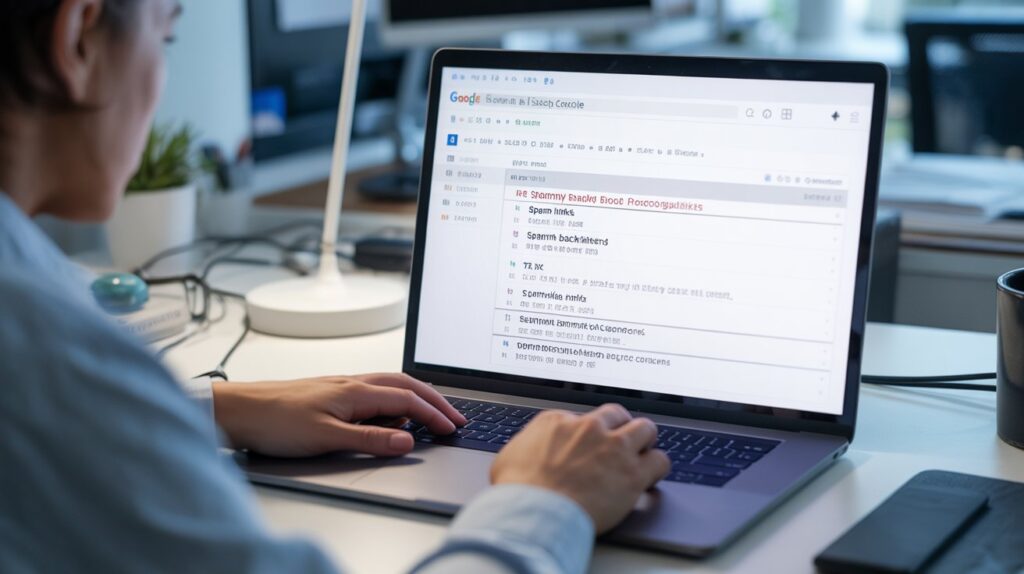 SEO expert reviewing spammy backlinks in Google Search Console while using the Google Disavow Tool