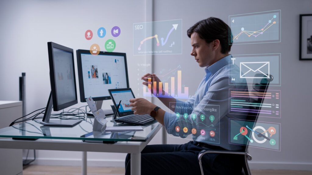 Digital marketer planning a content distribution strategy using multiple channels and analytics dashboards.