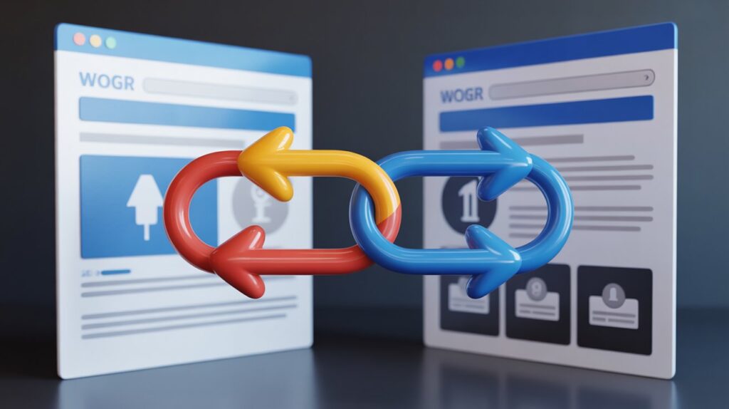 Illustration showing two websites connected through backlinks passing authority and trust signals