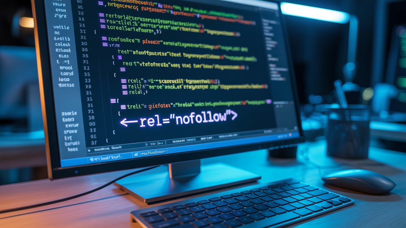 HTML code showing a rel="nofollow" backlink attribute on a webpage.
